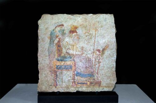 Fresco de una escena de Ornatrix romana con Afrodita, Eros y una de las Gracias